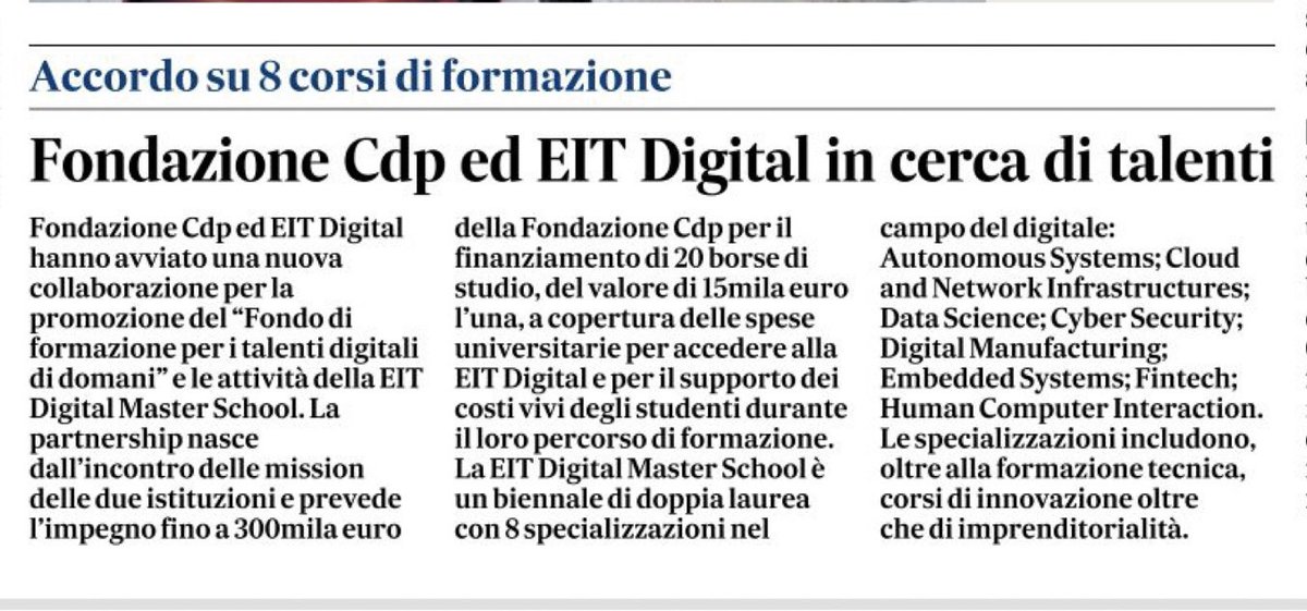 PSalzano's tweet photo. La partnership tra #FondazioneCDP e @EIT_Digital per la #DigitalTransformation 🇮🇹 oggi su @ilmessaggeroit. 

Nasce il “Fondo di #formazione per i talenti digitali di domani".

Esplora le attività della #FondazioneCDP ➡️ https://t.co/1YpxVXATXq https://t.co/Hu46TvQRnU