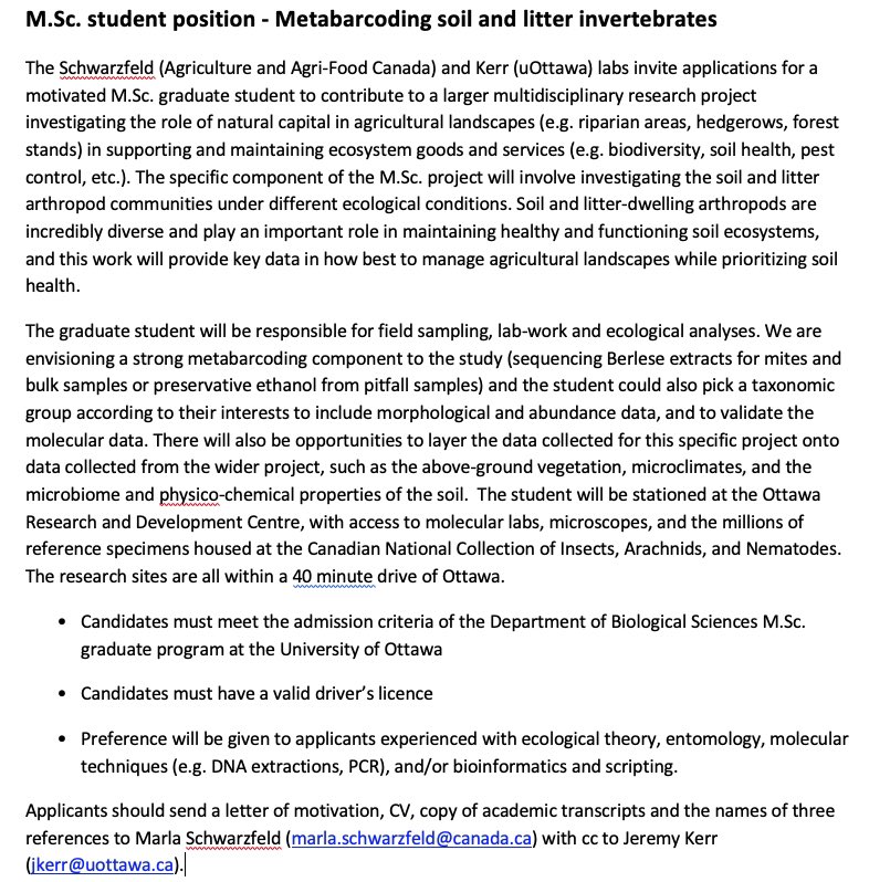 drhammed's tweet photo. Fully-funded MSc Position at University of Ottawa, Canada. 

Suitable for students with background (&amp; interest) in Bioinformatics, entomology, molecular techniques (e.g. DNA extractions, PCR), ecological theory, &amp; scripting

You'll work in the lab of Prof @jetkerr. 

Please Apply https://t.co/tAAx78crW0
