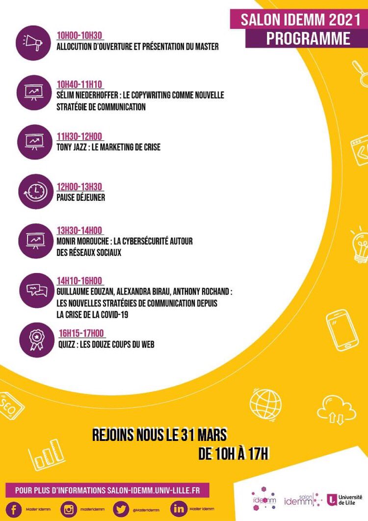 MasterIdemm's tweet photo. C’est le grand jour !!! ☀️🎙
Le #SalonIDEMM commence dans quelques minutes, tout est en place, nous n’attendons plus que vous !
Rendez-vous à partir de 10h... 😉
#MasterIDEMM #web #digital #universitédelille #webinar #covid19 #communicationdigitale #communication #marketing https://t.co/c57nrFi8N4