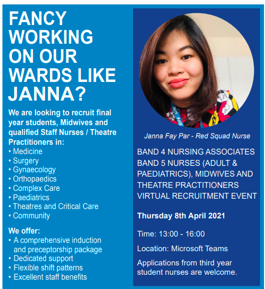 CHFTNHS's tweet photo. Virtual recruitment event – Thurs 8th April via Microsoft Teams

We are looking to recruit final year students, midwives, qualified staff nurses and theatre practitioners for Nursing Associate and Band 5 Nurse roles. Mail clinicalnurseeducators@cht.nhs.uk for a link or more info. https://t.co/FcU7ZCBzxU