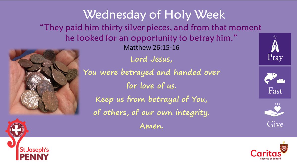 CaritasSalford's tweet photo. "They paid him thirty pieces, and from that moment he looked for an opportunity to betray him." Matthew 26: 15 - 16 @SalfordDiocese #LockdownLent https://t.co/qBLQgvqkg3