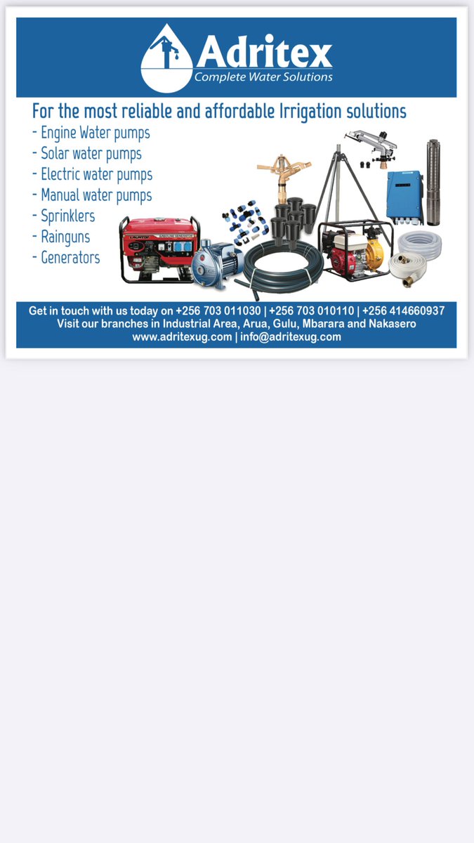 For all your water and energy needs, get in touch with Adritex (U) Limited for quality and affordable solutions.
+256414660937
+256706584198
#CompleteWaterSolutions
#AdritexSolutions