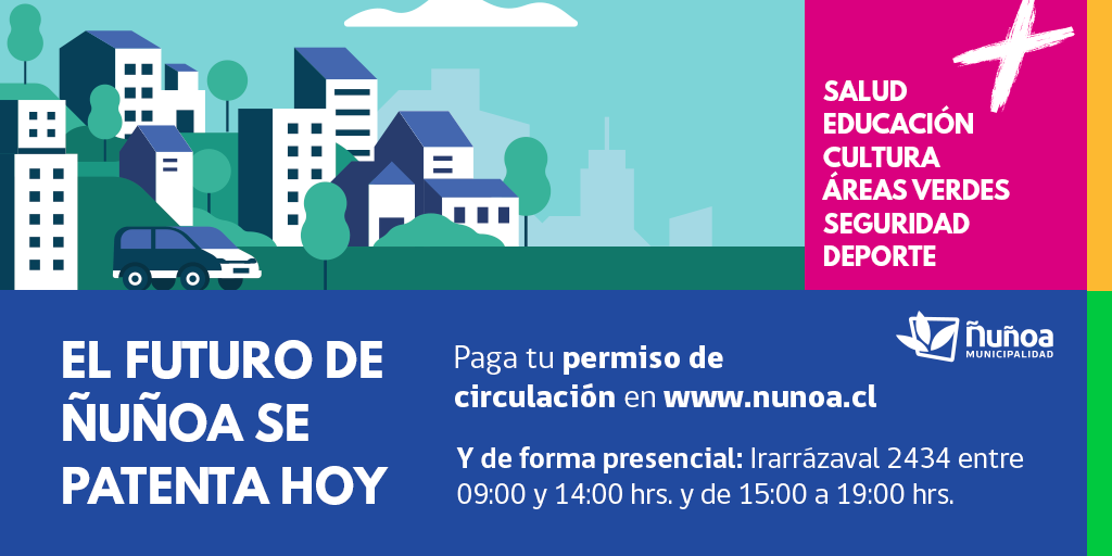 MuniNunoa's tweet photo. Hoy vence el plazo para pagar el permiso de circulación 🚗 Puedes hacerlo a través de nuestra página https://t.co/aavSg1fVmn o en nuestro módulo habilitado en el edificio de Servicios Públicos. Recuerda que debes sacar tu permiso en https://t.co/jx5M4jkBrB ☝

#ÑuñoaTeCuida💚 https://t.co/LLVME5ytO6