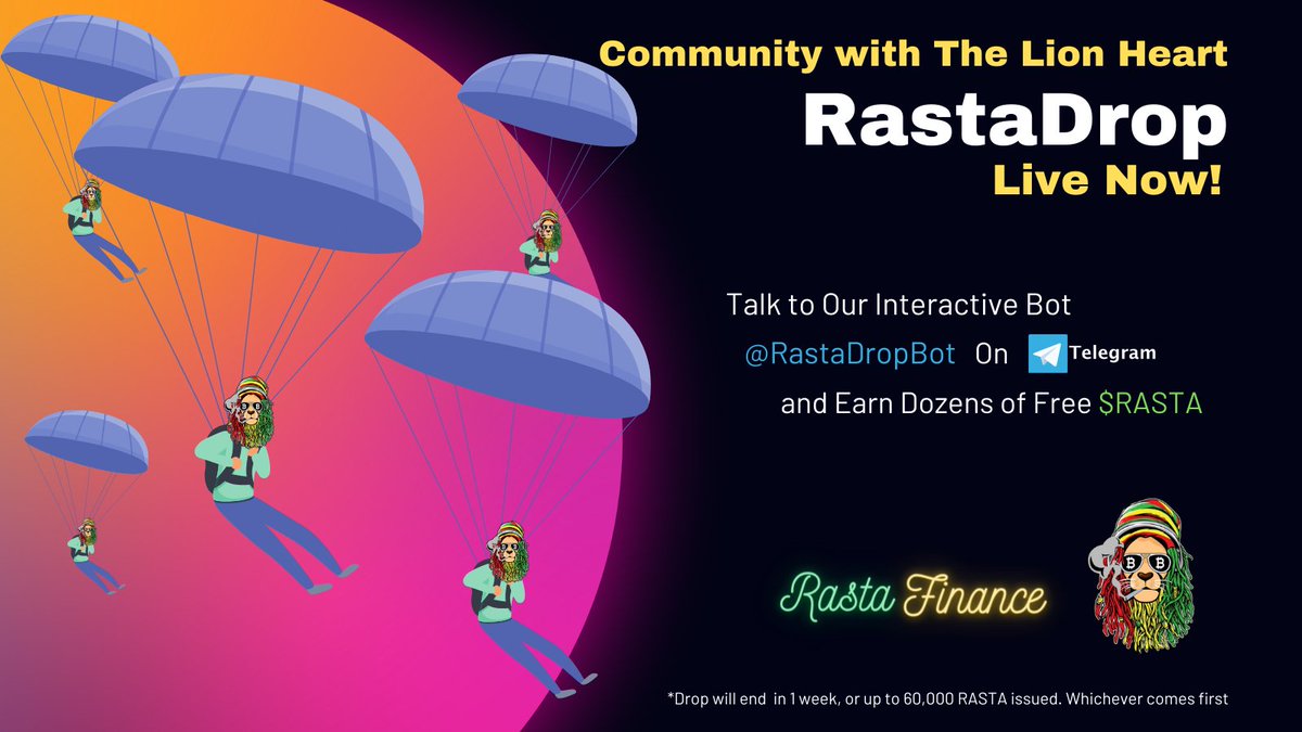 As The Rasino is getting close to launch! We wanted to celebrate by RastaDropping 60,000 RASTA in our interactive #AirDrop. Complete the tasks to earn Free $RASTA, and refer your friends to become #RastaRich. 
t.me/RastaDropBot
#BSC #RastaFinance #AMM #yieldfarm #DeFi