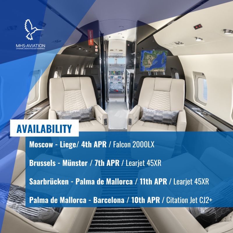 MHS_Aviation's tweet photo. Dear Friends and Business Partners,
Please find below our Availability.

DYNAMIC. DEDICATED. DETERMINED.
sales@mhs-aviation.com | +49 89 97333 33

#bizav #bizjet #PrivateAviation #BusinessJets #CharterFlights #aviationindustry #businessaviation #emptylegs https://t.co/uYF8lWm5fU