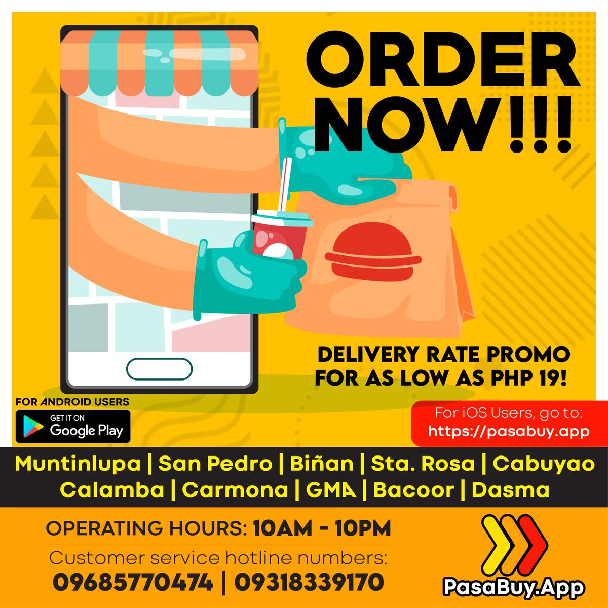 PasaBuy_App's tweet photo. Stay at home and be safe, kaibigan!

📱For iOS users visit: https://t.co/ueiY5WmCqI and download the app on Google Play for Android users.
📱For delivery concerns, contact our customer service hotline.
09685770474 | 09318339170

#OnDemandDelivery #FoodDelivery
#ECQSeason2 https://t.co/3gTEMWUJ9c