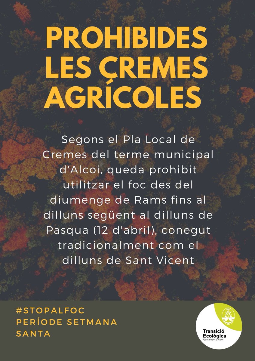 AlcoiMedi's tweet photo. 📣ATENCIÓ‼️
PROHIBIDES LES CREMES AGRÍCOLES 🚫🔥🚫
D'acord amb el PLA LOCAL DE CREMES D'ALCOI, estan prohibides totes les cremes durant la Setmana Santa
#StopAlFoc #prevencióincendis #SetmanaSanta #Alcoi #Alcoy @AjuntamentAlcoi 
➕Més informació: https://t.co/7B1MMVdoRr https://t.co/7X1FFImLVM