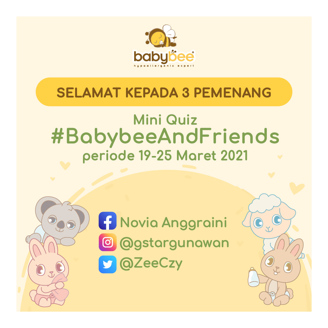 babybee_beecorp's tweet photo. Hi, #ParentsBee! Terima kasih kepada telah berpartisipasi dalam Mini Quiz #BabybeeAndFriends 19-25 Maret 2021!
Selamat kepada para pemenang!
Novia Anggraini (FB)
@gstargunawan (IG)
@ZeeCzy (Twitter)
Masing-masing pememang berhak mendapatkan produk Happy Squeezy dari Babybee ๐ https://t.co/wxGVmA1PBQ