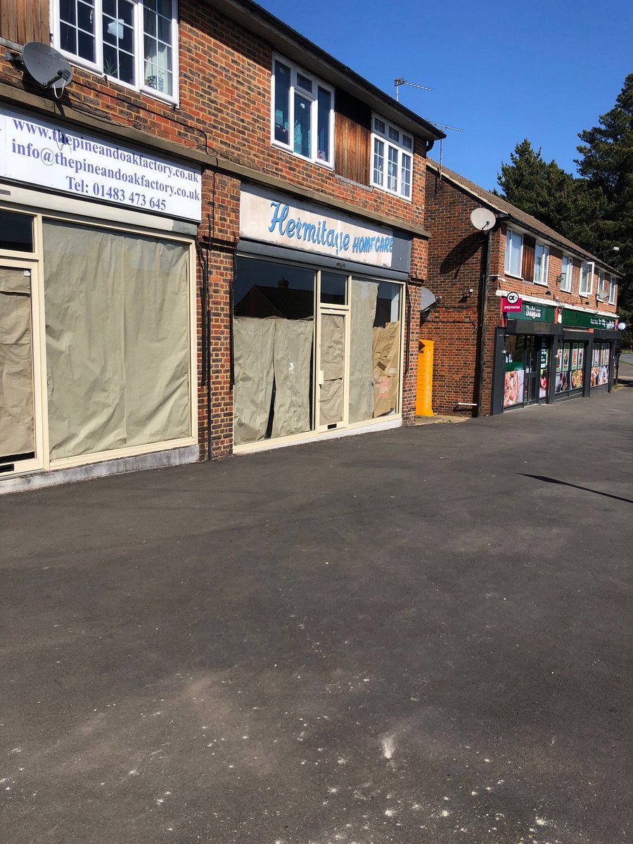 WokingTrails's tweet photo. Blast from the past, Hermitage Shopping parade #StJohns #Woking uncovers historic shop signage as part of refit. Anyone know what 'Hermitage Homecare' sold? @wokingcouncil 1970s/1980s? https://t.co/tdj9wdaFbn