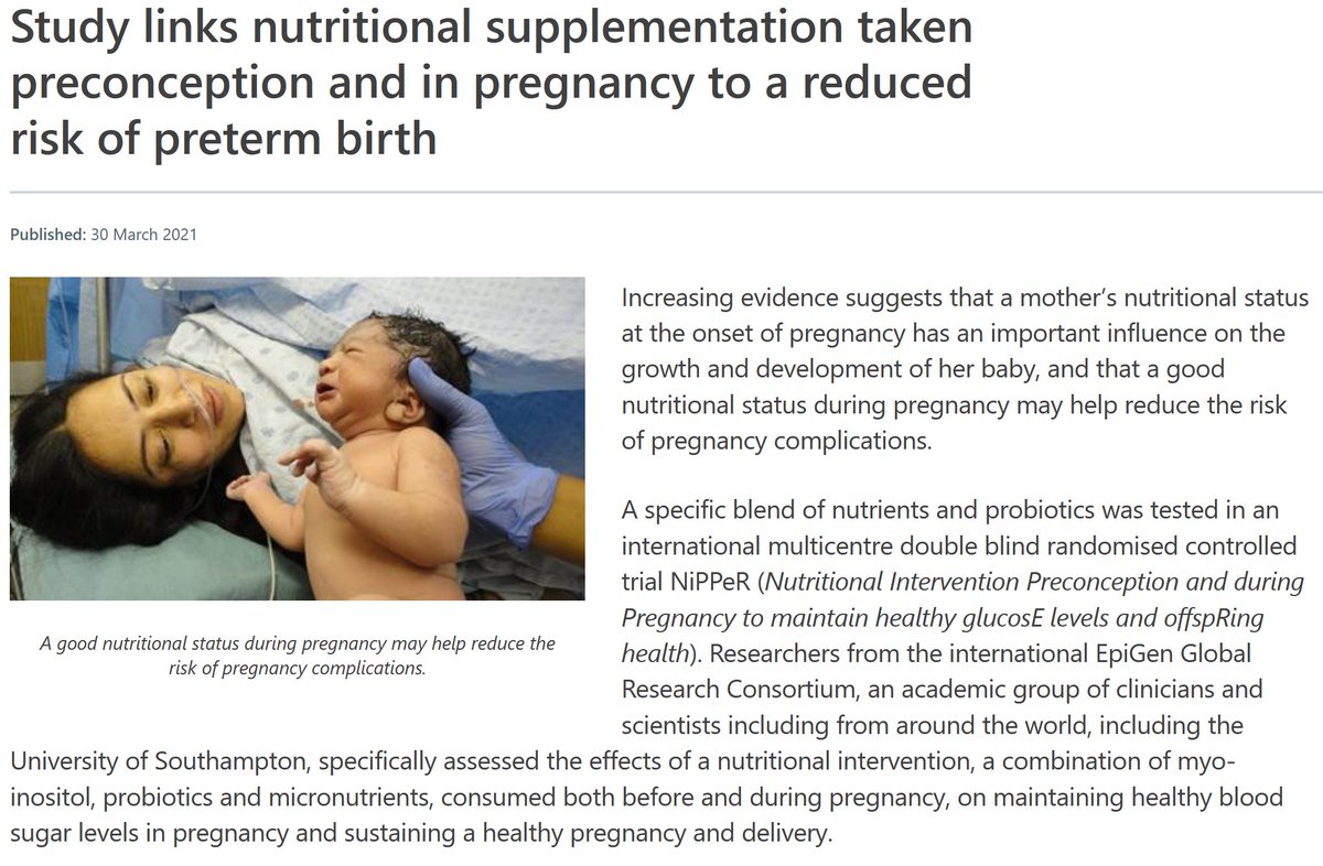 Preconception &amp; pregnancy nutritional supplementation resulted in a reduced risk of preterm birth - findings from our multicentre NiPPeR randomised trial just published southampton.ac.uk/news/2021/03/n… care.diabetesjournals.org/content/early/…