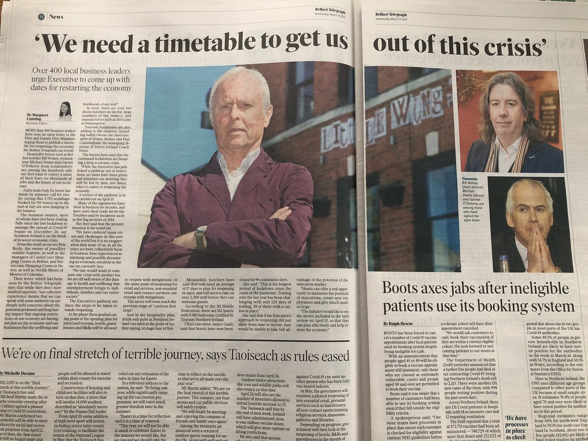 Super to see so much solidarity across local business community as more than 400 business leaders from every part of NI co-sign an open letter to FM and DFM expressing their fears of a jobs crisis and calling for a proper timetabled reopening plan for the economy 1/2