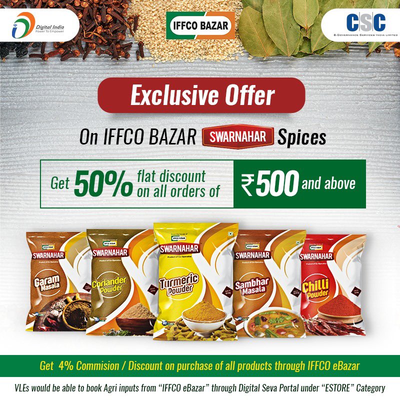 PrabalSingh150's tweet photo. Hurry Up! Today is the last day to avail this offer.
Get a huge discount of 50% + 4% on "Swarnahar Spices" on a minimum purchase of Rs 500.

Order today for free home delivery

Note - Additional 4% commission can be availed through #Digital_Seva portal only. @CSCegov_ @IFFCOBAZAR https://t.co/WsYBgAyE3d