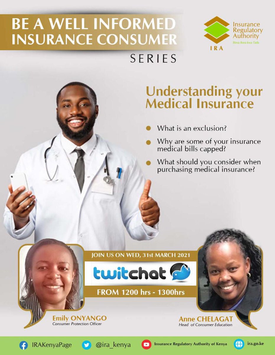 ira_kenya's tweet photo. Let's talk Medical Insurance in the wake of a pandemic. 
There was a raging debate on whether Covid-19 costs would be excluded in Insurance policies. 
Our panelist is ready to help you understand what exclusions in a policy mean.
 
#UnderstandingInsurance #IRAInsuranceTweetChat https://t.co/HI16XFnYb7