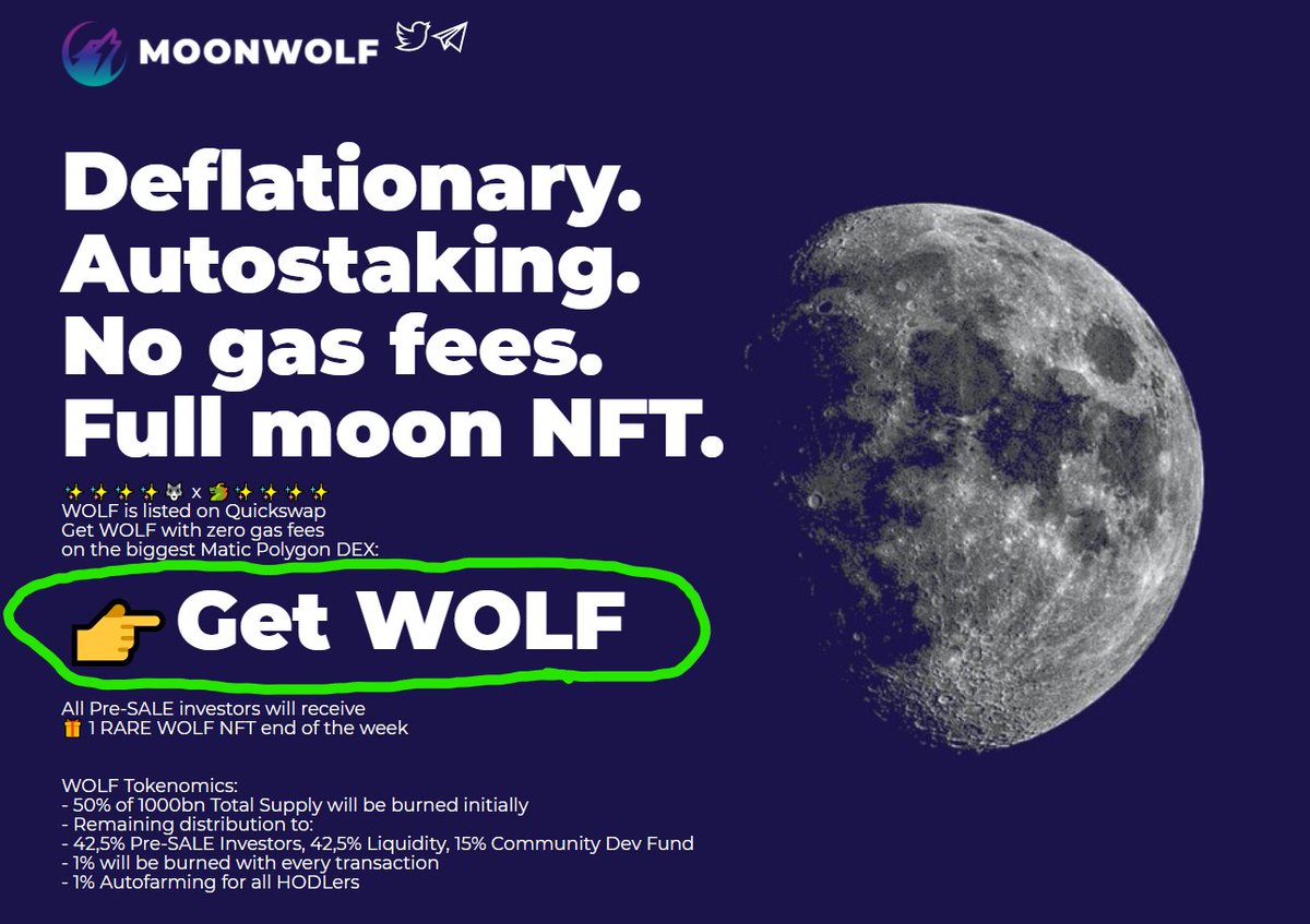 moonwolf_io's tweet photo. Get WOLF on Quickswap.
Trading since <48hrs.
Already in the Top40.
Just click on the new link.
https://t.co/YURtKK3V3t
$WOLF #WOLF #Delationary #Token #NFT #meme
#matic #polygon #zero #gas #fees
@QuickswapDEX @0xPolygon https://t.co/cmN7RhBzuP