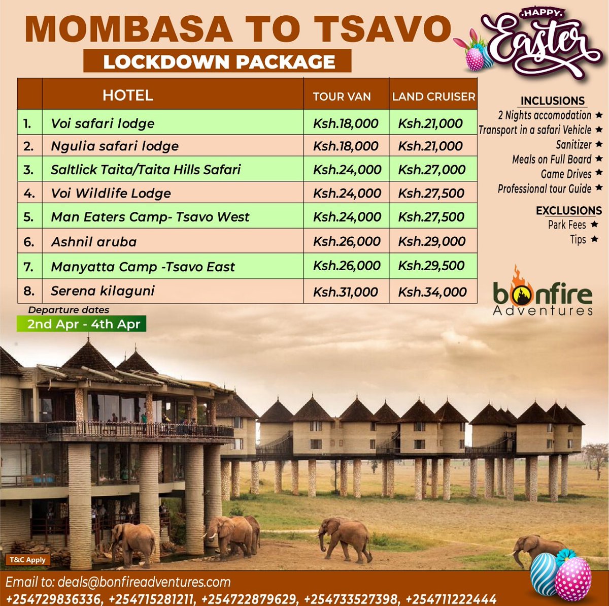 BonfireSafaris's tweet photo. Jaza Gari Twende Easter in TSAVO 3days  from 18,000kes pps. Dates 2nd to 4th April .
Email  deals@bonfireadventures.com or Call 0715281211, 0711222444, 
#bonfiredeals  #migrations #whyilovekenya #magicalkenya #travelkenya #TembeaKenya  #dreamdestination #luxurytravel #eastery https://t.co/Sm1KlutTLT