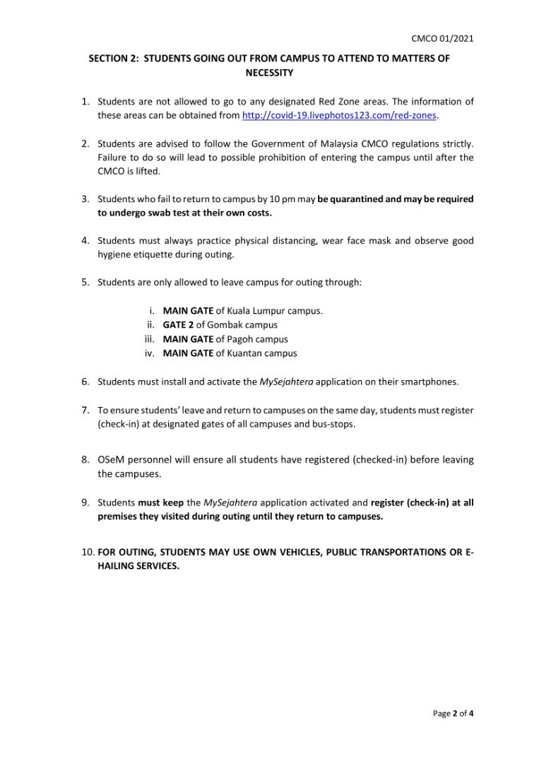 iium_su's tweet photo. [IIUM OFFICIAL GUIDELINES DURING THE CONDITIONAL MOVEMENT CONTROL ORDER 01/2021]

In the previous meeting, IIUMSU together with KBSC had voiced out the data and views from the students for the new CMCO Guidelines https://t.co/ndPMiNkNVQ
