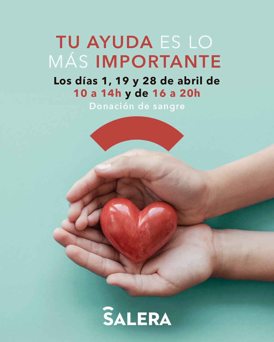CCSalera's tweet photo. Los próximos días 01/04, 19/04 y 28/04 (de 10 a 14 h y de 16 a 20h) te esperamos en #Salera con @GVAdonasang. ¡Ven a donar lo mejor de ti! 👨🏼‍⚕️👩🏼‍⚕️

Para más información: https://t.co/8gMg4PWGAv

#CCSalera #DonaSangre #HazteDonanter #ComparteVida https://t.co/xFwNtBeeXk