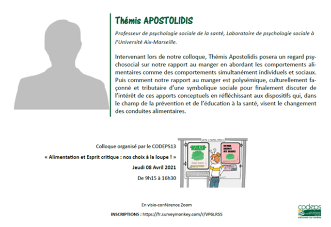 codeps13's tweet photo. #COLLOQUE

J-8 avant notre colloque sur l'#alimentation et l'esprit critique ! 

Cette semaine, pour finir les présentations des intervenants de ce colloque, nous vous présentons Themis Apostolidis. 

Pour vous inscrire au #colloque : https://t.co/rJPFTj3fcY

#CoDEPS13 #sante https://t.co/h713LXvI6F
