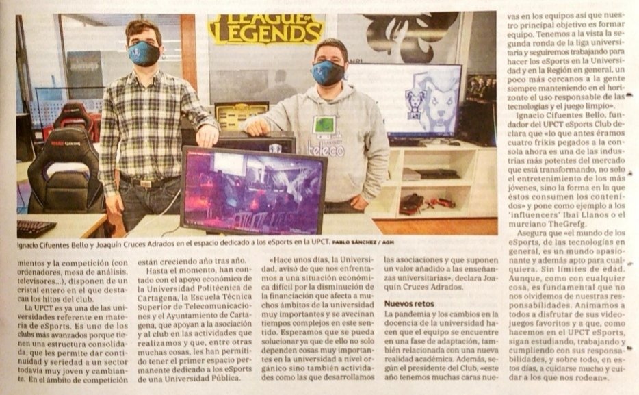 La verdad <a href="/laverdad_ct/">La Verdad Cartagena</a> se hace eco de uno de los casos de éxito de <a href="/Smarti40/">Smart I4.0 Connect</a> Connect‼️

El alumno egresado de la @UPCTnoticias y caso de éxito de Smart I4.0 Connect Ignacio Cifuentes Bello fundador del UPCT eSports Club presentará su proyecto en el Demo Day de <a href="/Smarti40/">Smart I4.0 Connect</a> Connect