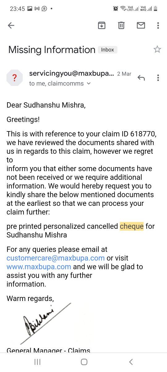 mishrazsud's tweet photo. @MaxBupa On 19th February SMS of my claim approval and settlement processing and multiple emails to attach a cheque copy for you to process now you say that the claim has been rejected since have renewed my policy. So much for keeping the claims and renewal departments separate. https://t.co/jOS0H7OTmO