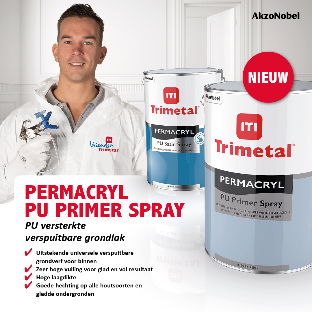 Nieuw! Trimetal introduceert Permacryl PU Primer Spray! Samen met Permacryl PU Satin Spray vormt deze universele verspuitbare grondlak nu 1 compleet verfsysteem voor spuitapplicatie. Vraag er naar bij je Trimetal grossier.