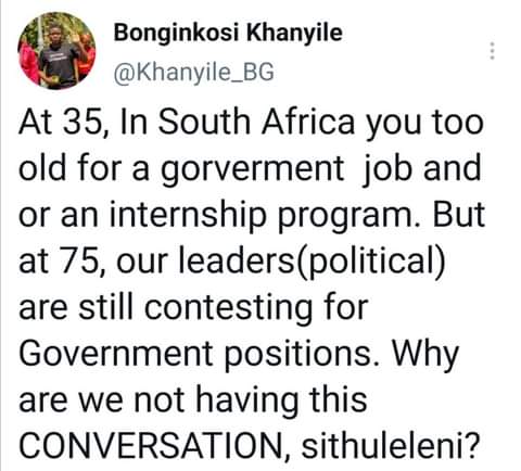 JAMA_NM's tweet photo. @mohale_motaung Can we make this trend for once nje ngoba kubi eMzantsi when you turn 35 and unemployed life relegates you to old age!!! Maybe it can reach right people who can take it up and emend change. https://t.co/hBim2FWajj