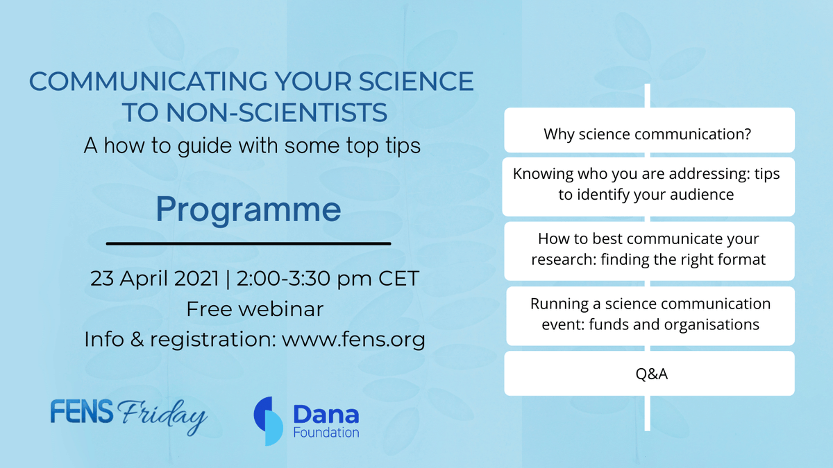 FENSorg's tweet photo. Do you want to improve your #scicomm skills? Registration is open for the webinar “Communicating your science to non-scientists: a how to guide with top tips” organised by FENS with the support of @dana_fdn. Register now 👉 https://t.co/WwlPViWFcH  
#FENSFriday #neuroscience https://t.co/EXhRJPnwhU