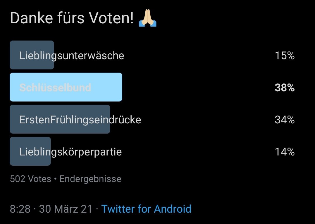 Finstar16's tweet photo. So auf ein neues, danke für die Infos! 🙈

🚨🚨KEINE SICHTBAREN SCHLÜSSEL POSTEN BITTE! WICHTIG!!!🚨🚨

der heutige Gewinner mit 38% aus 502 Stimmen, ist...

#ZeigtHerEurenSchlüsselbund https://t.co/IeMG8jjQfT