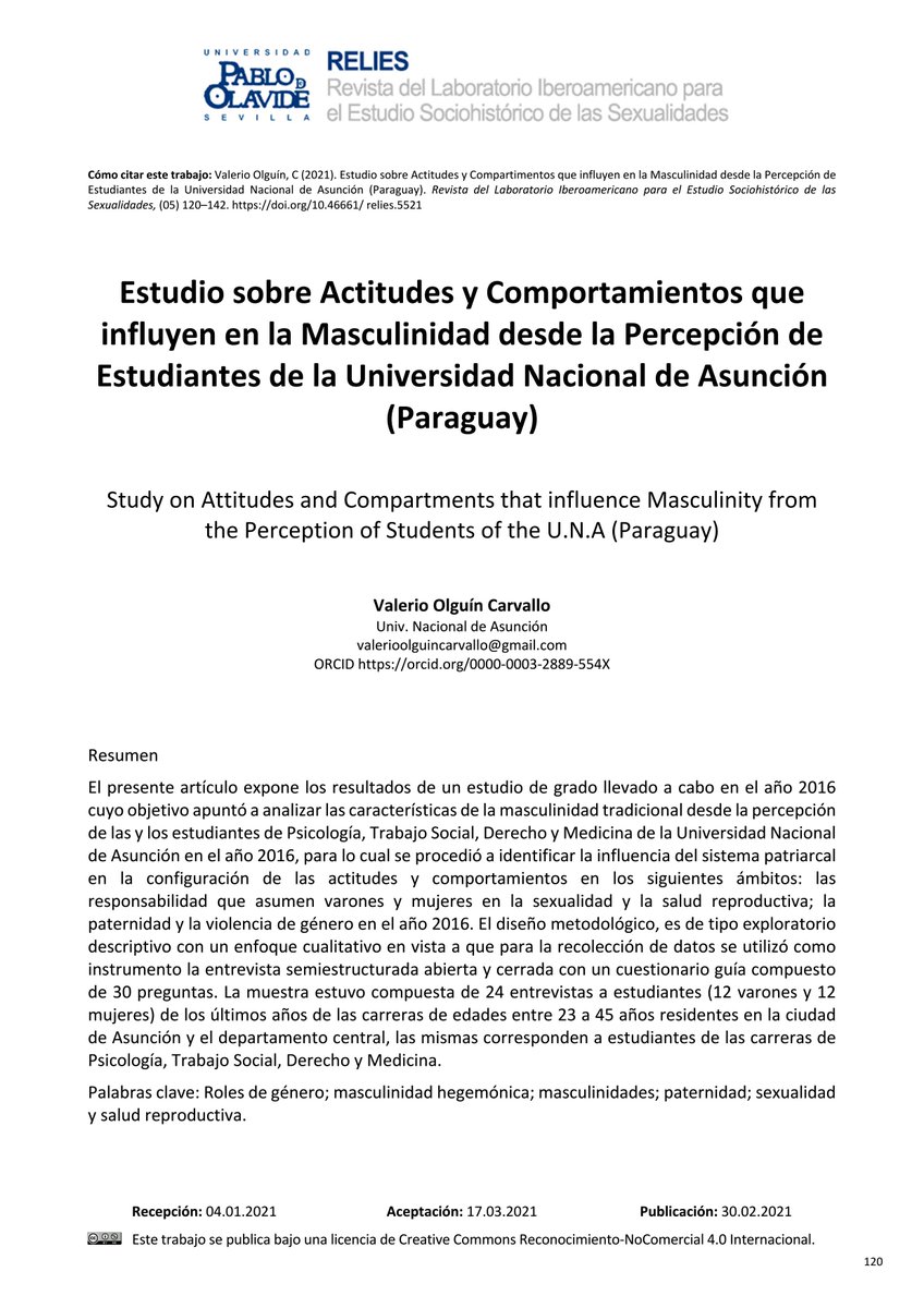 RedLIESS's tweet photo. #RELIES 5 | Valerio Olguín Carvallo: «Estudio sobre Actitudes y Compartimentos que influyen en la Masculinidad desde la Percepción de Estudiantes de la Universidad Nacional de Asunción (Paraguay)» https://t.co/3xiqOvHAGl https://t.co/yox55Sg5J3