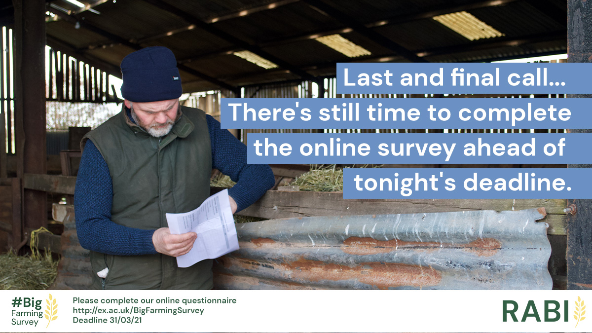 RABIcharity's tweet photo. It’s not too late to make your voice heard. 💬 You’ve got until midnight tonight to contribute to the #BigFarmingSurvey – retweet to remind your farming friends and family! https://t.co/V7ZvunntUa 

#RABI #haveyoursay https://t.co/xCNaAvhDH7