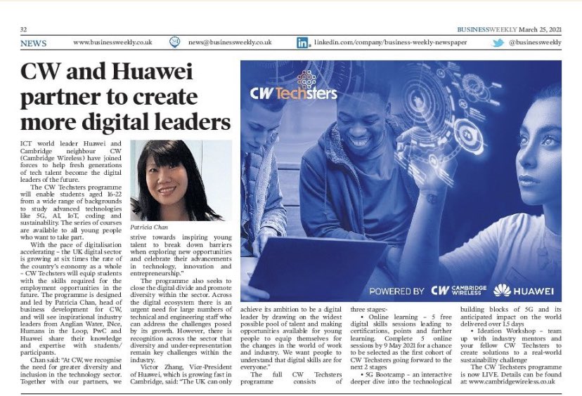 Great coverage by <a href="/businessweekly/">Business Weekly</a> of #CWTechsters - New #digitalskills programme brought by @cambwireless <a href="/HuaweiUK/">HuaweiUK</a> <a href="/PatChan288/">Pat Chan</a> for young people looking to learn abt advanced #tech 🤖 Delighted to be supporting this campaign! #5G #AI #IoT #coding #edtech bit.ly/3rLDE6t