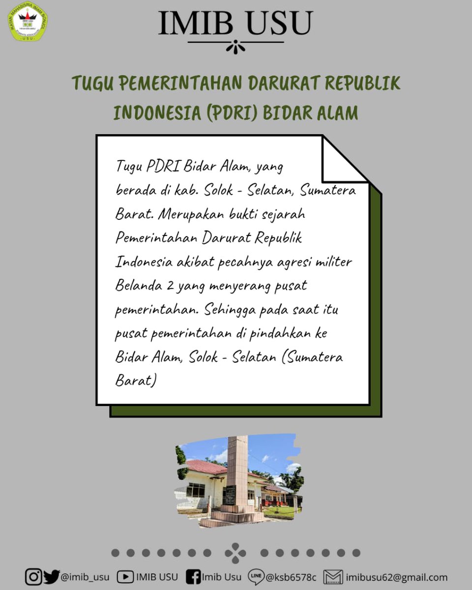[INFO MINANG]

Nagari Bidar Alam di Kabupaten Solok Selatan, Sumatra Barat, merupakan saksi sejarah Republik Indonesia saat masa darurat 1948 atau yang dikenal dengan Pemerintahan Darurat Republik Indonesia (PDRI) Bidar Alam yang dipimpin oleh bapak Syafroedin Prawiranegara,