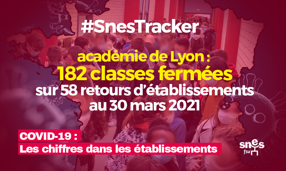 #COVID #SnesTracker @education_gouv refuse de donner des bilans exhaustifs. Le @SNESFSU donne ses chiffres ! Nombre de classes fermées en collège et lycée dans l'académie de #Lyonl le 30 mars à 23h :
