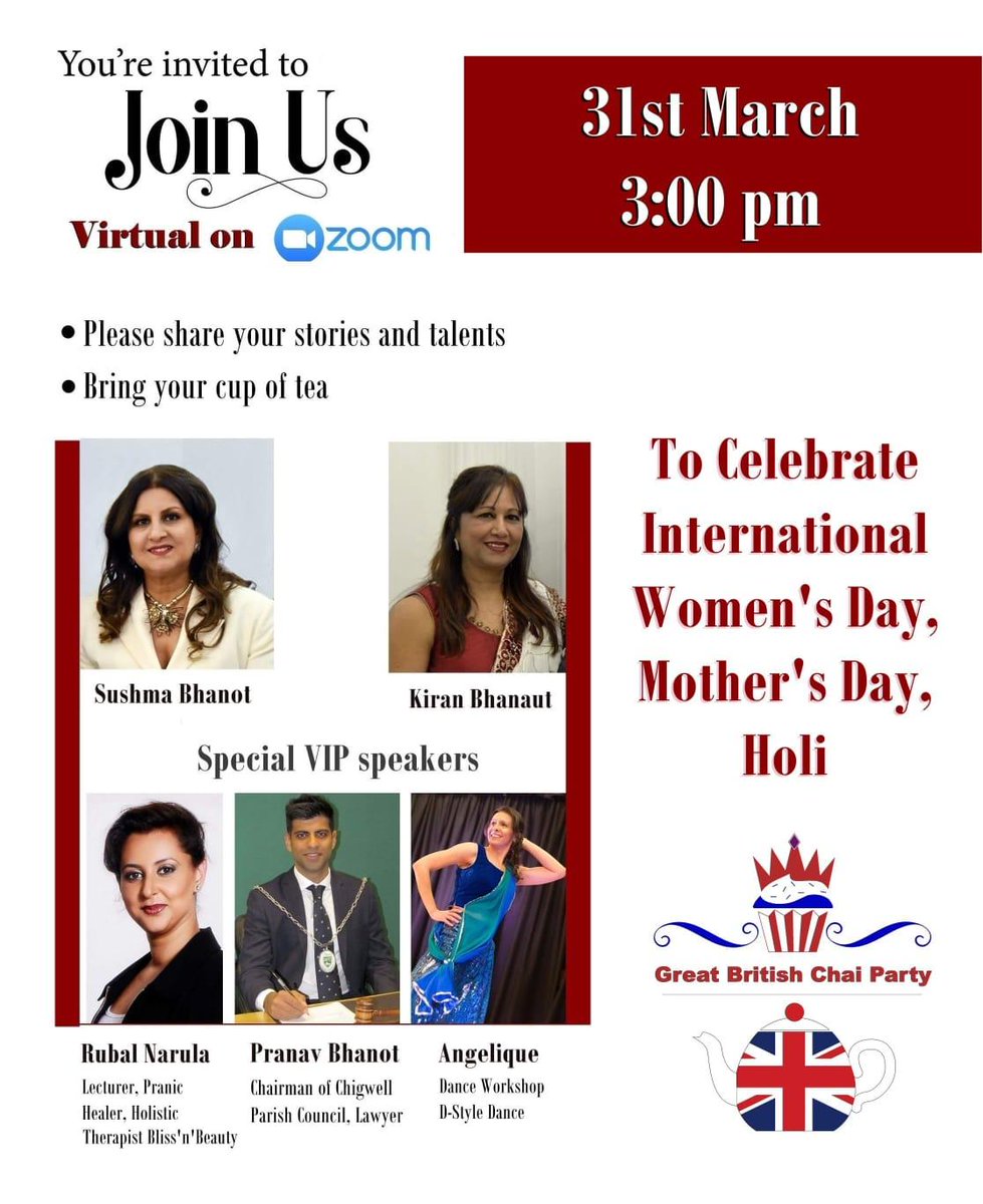 Nutrigro's tweet image. Join us in the GBCP Celebrations.
Mar 31, 2021 3:00pm London. Join Zoom Meeting
zoom.us/j/95548028164?…
Meeting ID: 955 4802 8164
Passcode: 769845                                       Please join @sushmabhanot @kiranbhanaut to the Great British Chai Party.