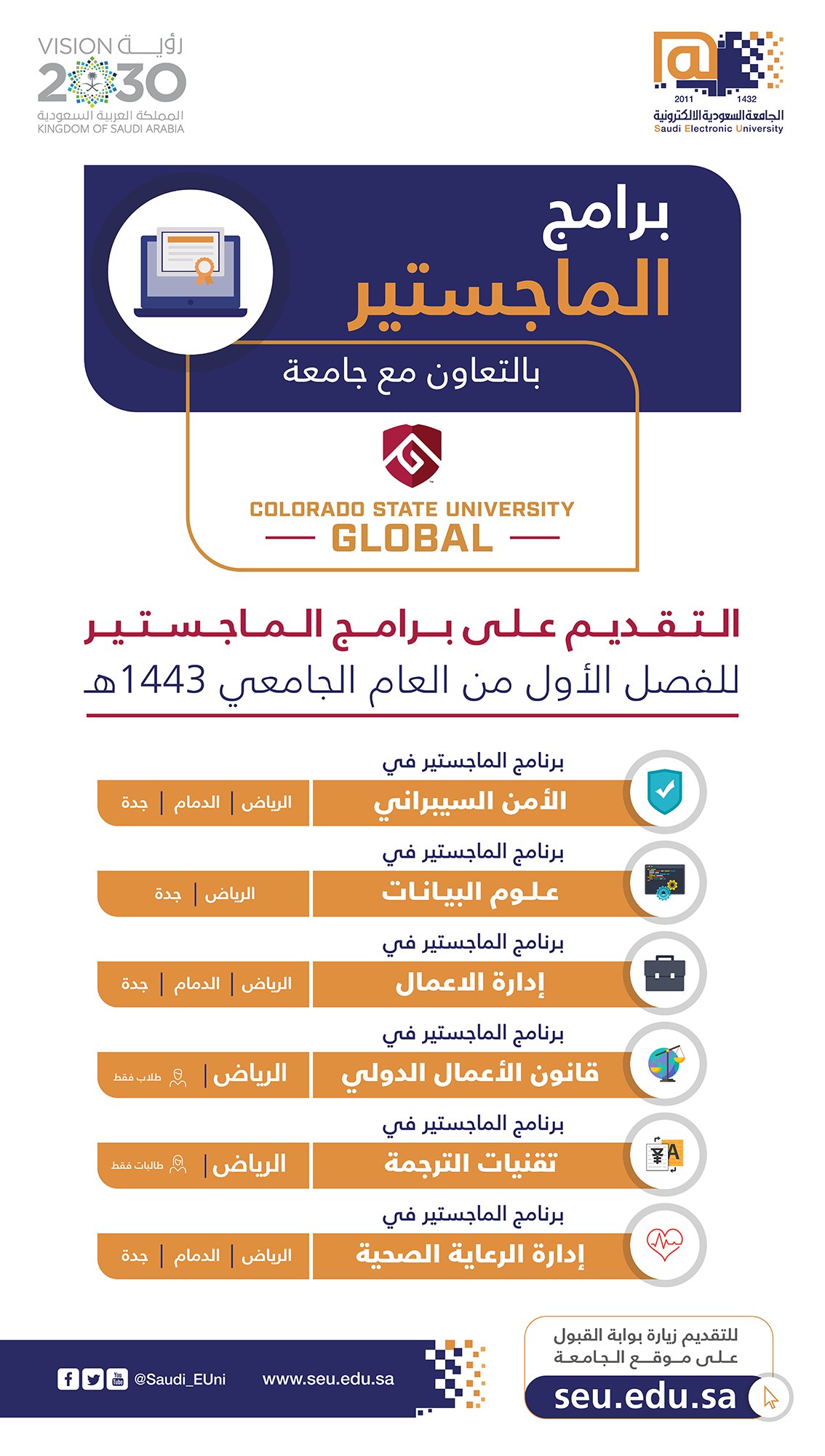 الجامعة السعودية الإلكترونية On Twitter يسر عمادة الدراسات العليا في الجامعة السعودية الإلكترونية أن تعلن عن بدء القبول في برامج الماجستير للفصل الدراسي الأول من العام الجامعي ١٤٤٣هـ للمزيد Https T Co Yadiokrplw رواد تعليم المستقبل Https T Co