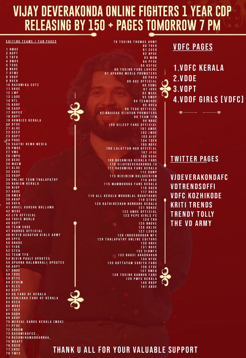 VdofOfficial's tweet photo. Here is the Complete List Of Our Prestige 1st Year Commen DP Releasing Team's ♥️

CDP - On Tmrw 7.00 P M⏰
DESIGN :- @prolificdesign5

With Lot Of Loves❤️
                 ~ @VdofOfficial

@TheDeverakonda #VijayDeverakonda https://t.co/fZjrRU5wAu