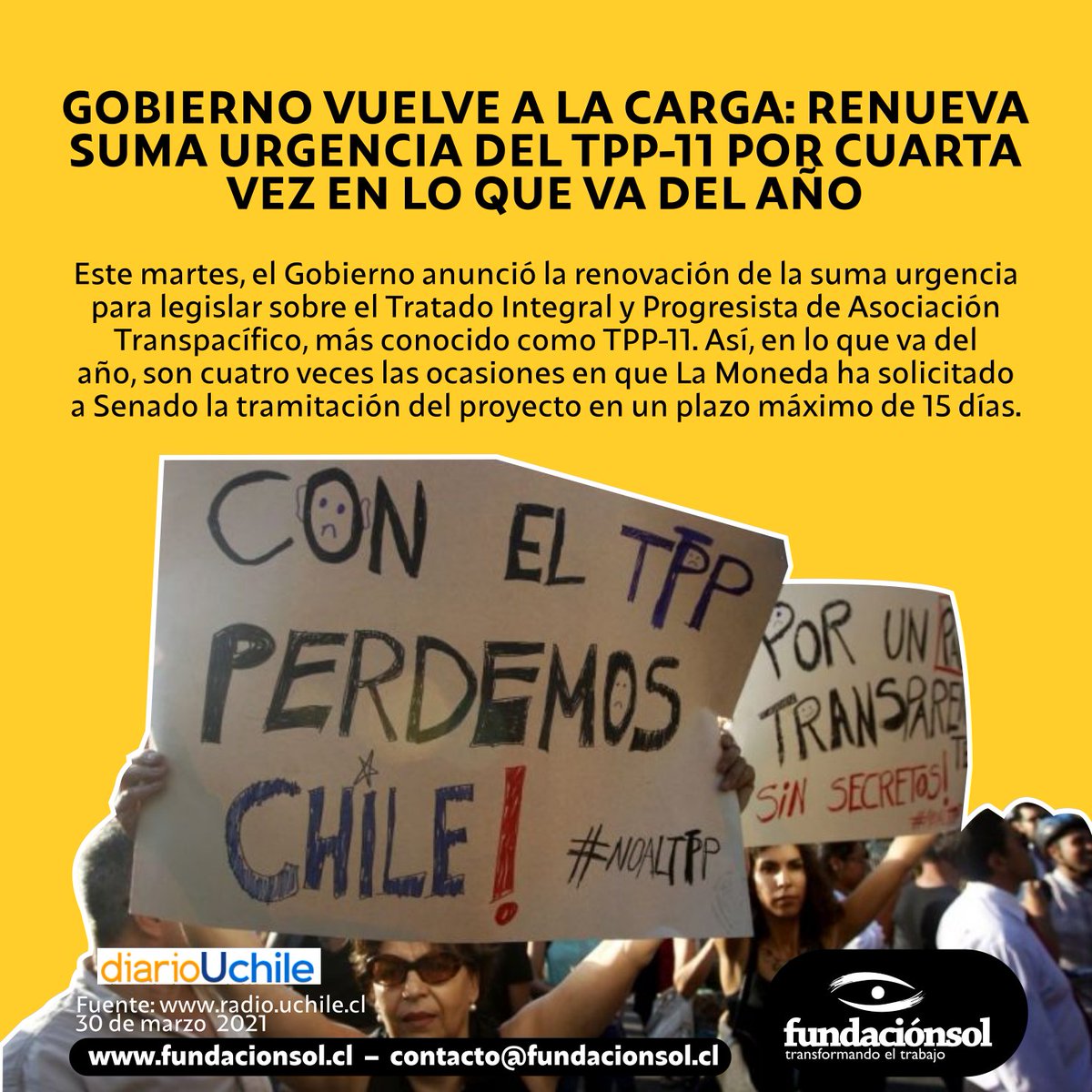lafundacionsol's tweet image. ¿Sabías que? Por cuarta vez en el año, gobierno busca dar suma urgencia a la tramitación del Proyecto del TPP-11 en el Senado. Con ello, se establece un plazo de 15 días para negociar el proyecto, que podría limitar los alcances de una nueva Constitución en términos económicos.