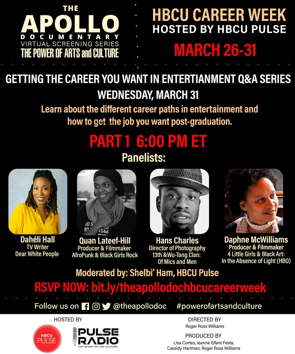 theapollodoc's tweet photo. You still have time to RSVP for tonight’s Getting The Career You Want In Entertainment Q&amp;A Series. Join us starting at 6PM ET for Part 1 and 8PM for Part 2. #theapollodoc https://t.co/KD92XvqVQI