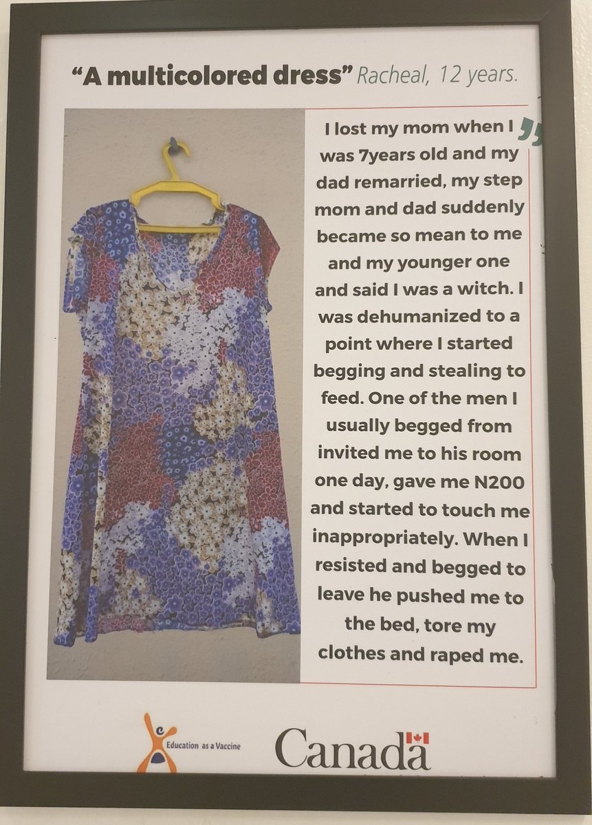 ChiomaChuka's tweet photo. Very proud of @buky and the excellent people at @EVA_Nigeria for putting on the 'What Was She Wearing' exhibition, supported by @CanHCNigeria + @frontlineaids. The stories are terrible, but what's even worse are the questions we ask people who have suffered any form of #SGBV. https://t.co/RfDy9EaLm5