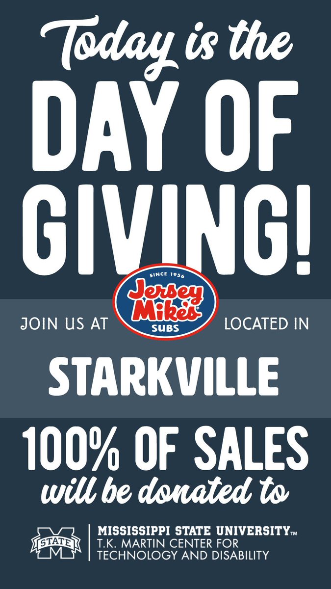 msutkmc's tweet photo. Today is the day!! Stop by Jersey Mike's on Highway 12 in Starkville any time between 10:00 AM to 9:00 PM for their #DayofGiving where 100% of the proceeds will come back to our center! You might just see some familiar faces!

#JerseyMikesGives #BeASubAbove https://t.co/CX8AU1mYdT