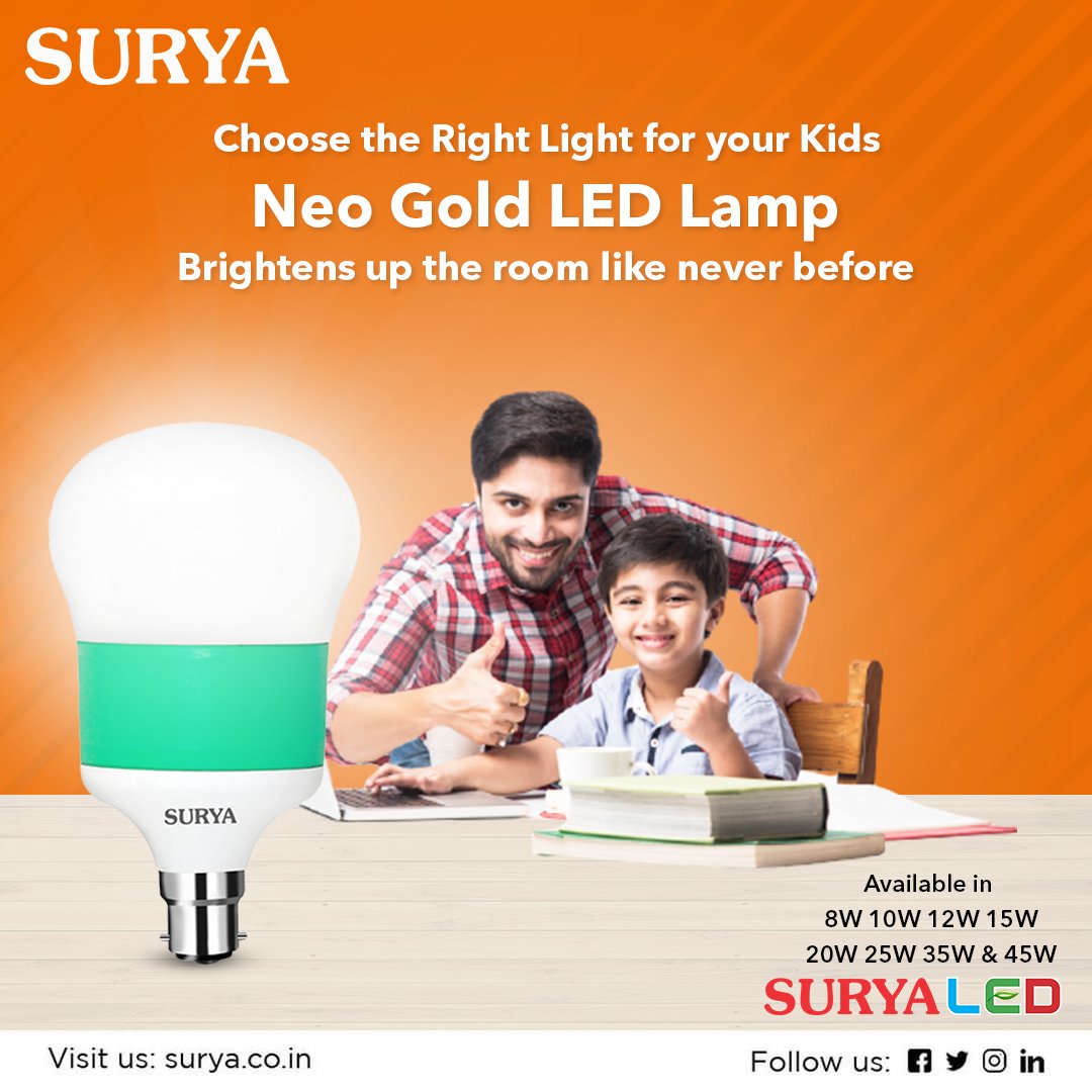 surya_roshni's tweet photo. Surya Neo Gold LED Lamp lasts up to 25000 hours and is 85% energy saving over GLS.
Visit us at- https://t.co/jjoHCjuXJw

 #SuryaLED #SuryaRoshni #AatmaNirbharBharat #MadeInIndia #LedLighting #LedLight #SaveElectricity #India #Indian #LED #KhareedoSwadeshi #NeoGold #SuryaNeoGold https://t.co/afRYHGqEPP