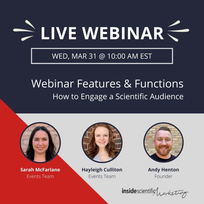ISCmktg's tweet image. TODAY IS THE DAY - We are practicing what we preach! Join our team &amp;amp; Danny Layzell from @AZoNetwork for a webinar on webinars! Interested in using #webinars in your #SciComm strategy? Save your seat and join us in an hour: bit.ly/3arl64D
#MarketingScience #ShareScience