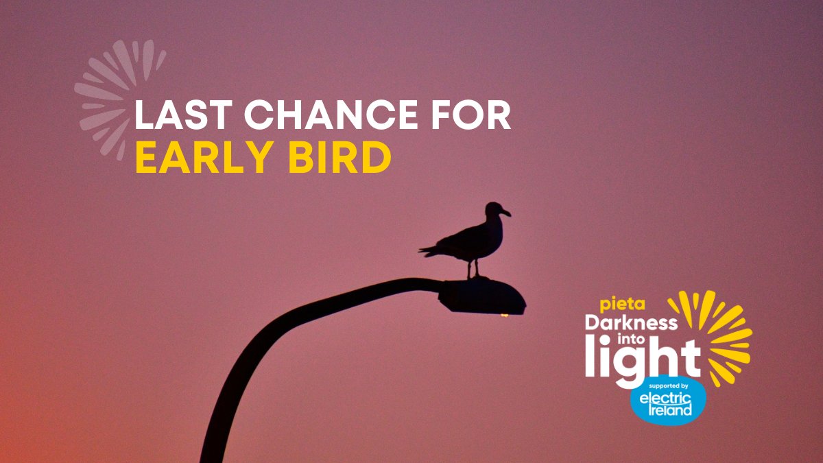 Today is the last day for our Darkness Into Light Early Bird. 

Sign up to guarantee your free t-shirt arrives on time for the day and to be in with a chance to win a year’s free electricity from <a href="/ElectricIreland/">Electric Ireland</a> for you and a friend. T&amp;Cs apply. #DIL2021 #DarknessIntoLight2021