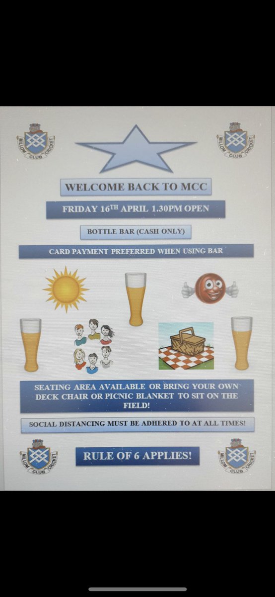 🏏 BIG NEWS 🏏  With great pleasure we happy to announce the MCC will be officially opening again on Friday 16th April from 1:30pm. New seating area &amp; the biggest beer garden in the town to enjoy a 🍺. Covid-19 restrictions to be followed. #MCC