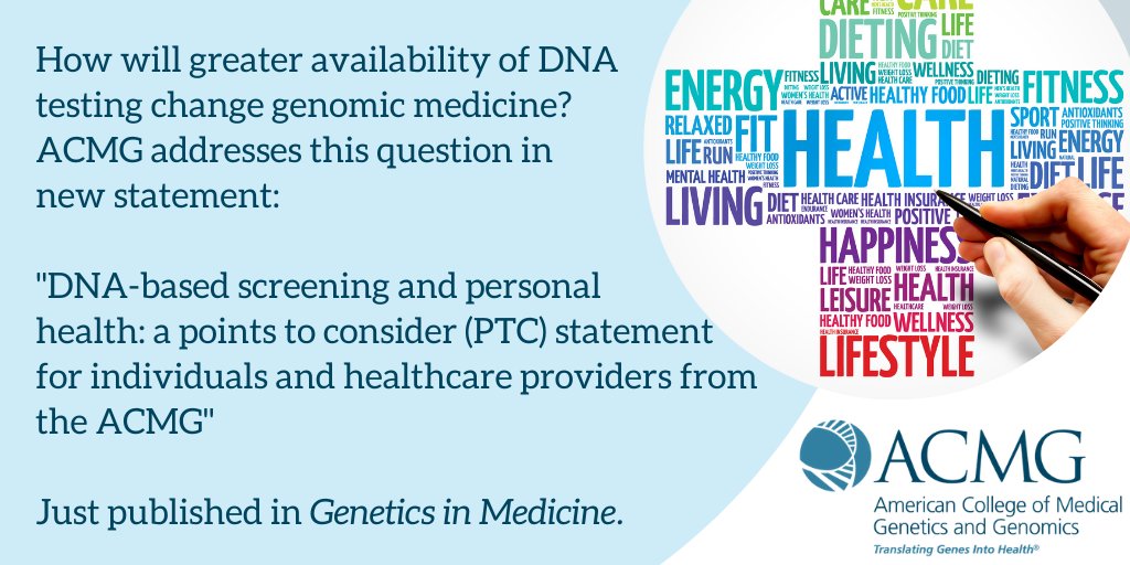 TheACMG's tweet photo. How will greater availability of #DNA testing change #genomicmedicine? ACMG’s new statement, “DNA-based screening &amp; personal health: a PTC statement for individuals &amp; healthcare providers” offers practical guidance on #DNAscreening for healthy individuals https://t.co/09qk0tvCXs https://t.co/bizoZwwtVv
