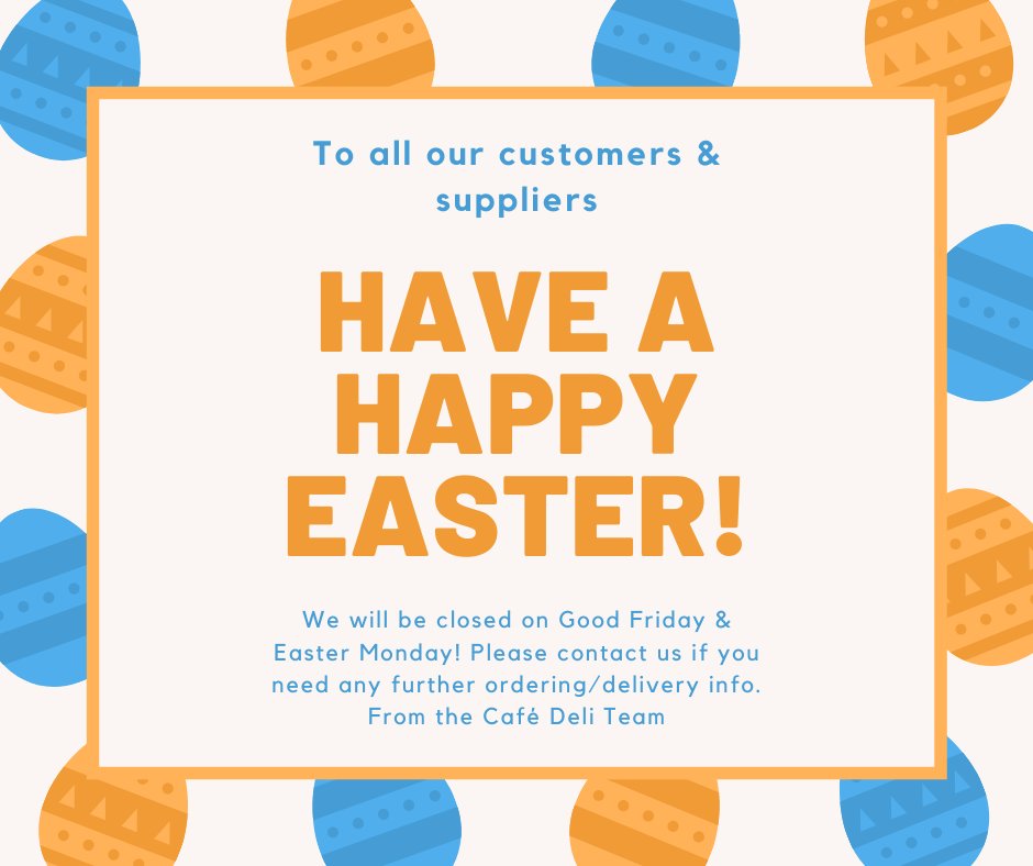 cafedeli_ws's tweet photo. We will be closed Good Friday &amp; Easter Monday.  If you have any questions about orders and delivery days please contact us on 020 8664 8899, or by email at orders@cafedeliwholesale.co.uk

🐣🍫 Enjoy &amp; Stay Safe!

From all the Café Deli Team https://t.co/sl1PYGg73B