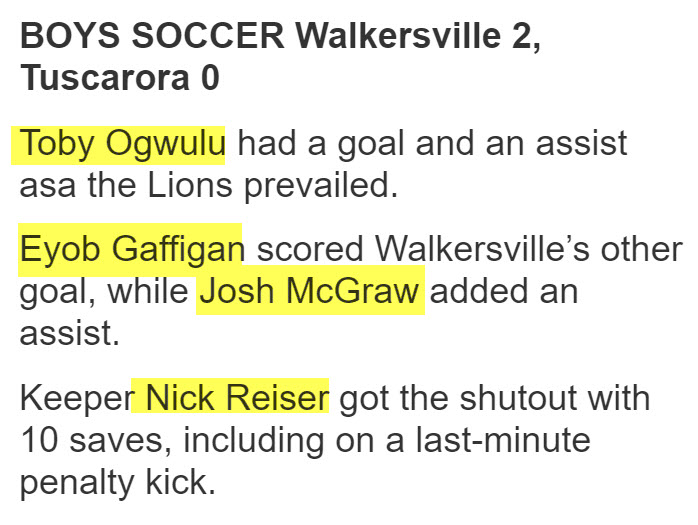 BoostersWHS's tweet photo. From the Frederick News Post: Boys Varsity Soccer 3/30/21 Game Summary

Athlete mentions: Toby Ogwulu @egaffigan Josh McGraw @NickReiser4

💙🦁💛⚽️ https://t.co/0oqXIR511c