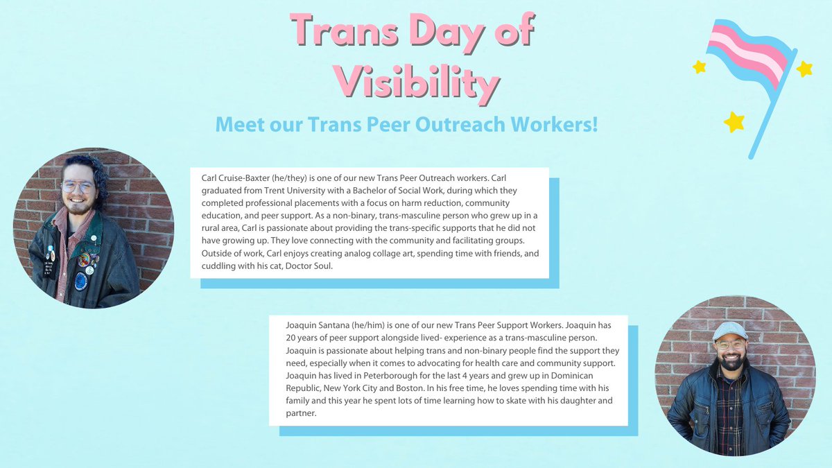Today is #TransDayOfVisibility a day dedicated to celebrating the lives of trans folks and their many contributions to society.

In honor of Trans Day of Visibility, we'd like to take this opportunity to introduce you to our Trans Peer Outreach team, meet Joaquin and Carl!