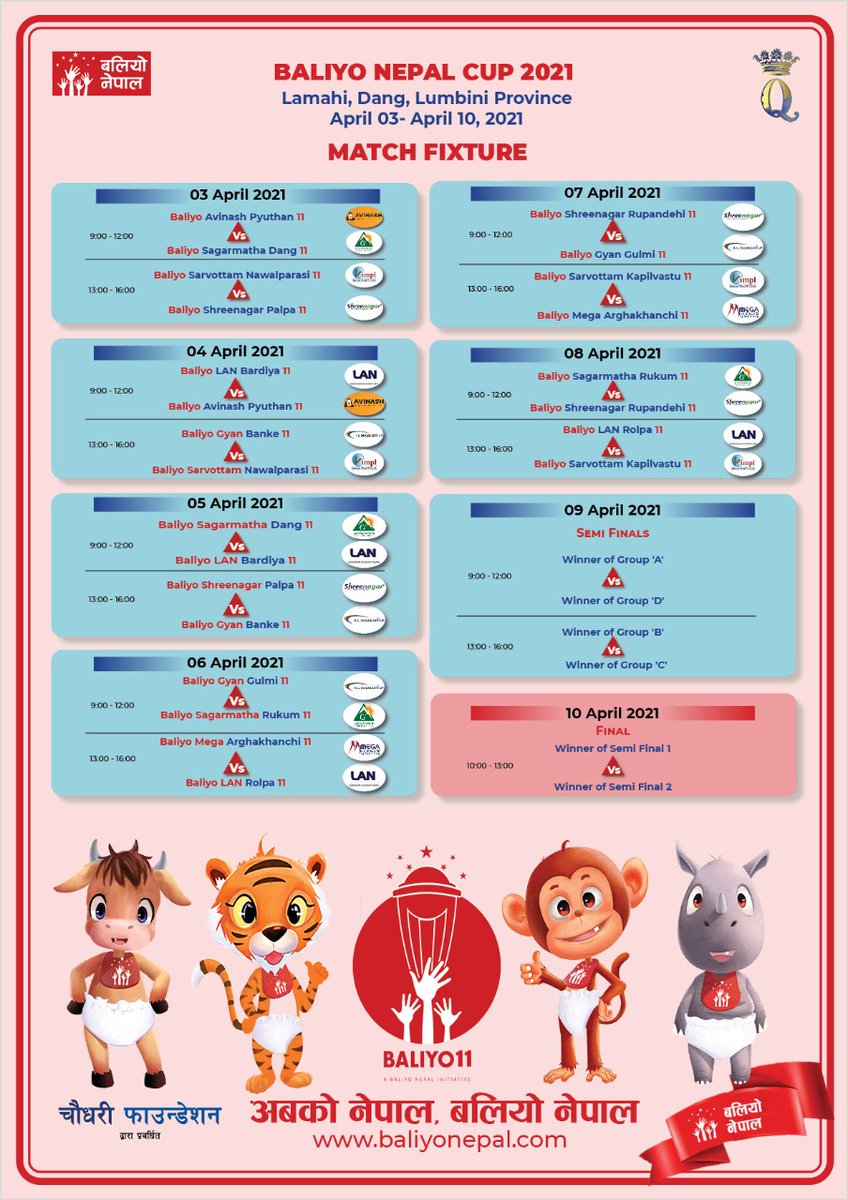 baliyonepal's tweet photo. Baliyo Nepal Cup 2021 Match Fixture is here.
Stay tuned for more updates.
.
Paras Khadka Sompal Kami
#abakonepalbaliyonepal  #LumbiniProvince  #BaliyoNepalCup2021  #BaliyoNepalCup https://t.co/MWglqKuZml