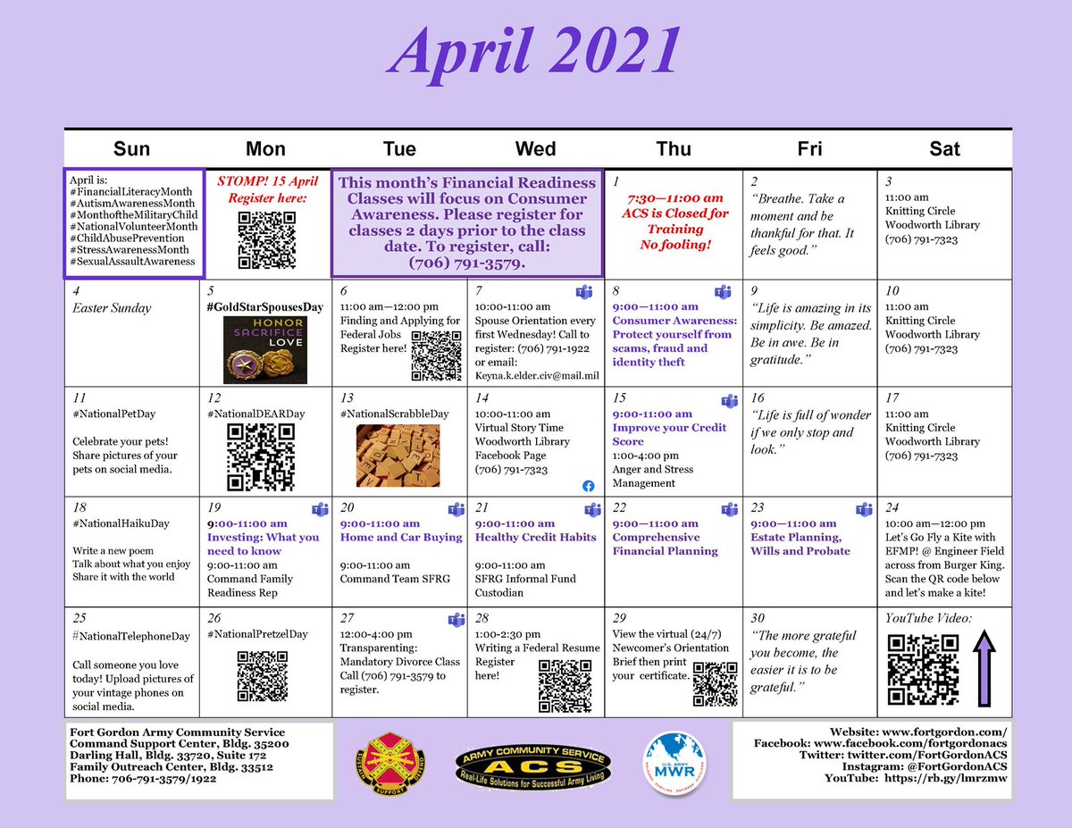 FortGordonACS's tweet photo. Please share our April calendar!  Check out a recipe for soft pretzels and celebrate #NationalPretzelDay on April 26th. #fortgordonacs https://t.co/9Jd7sjkNYH